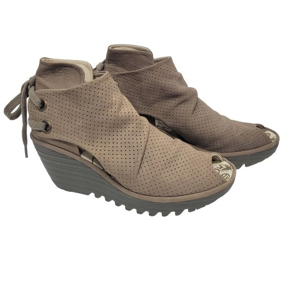 Fly London Women's Yema Taupe Wedge Tie Back Booties Size 38 US 7.5/8 - Picture 5 of 11